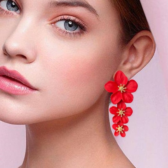 Floral Red Drop Earrings # 45 - Picture 3 of 7